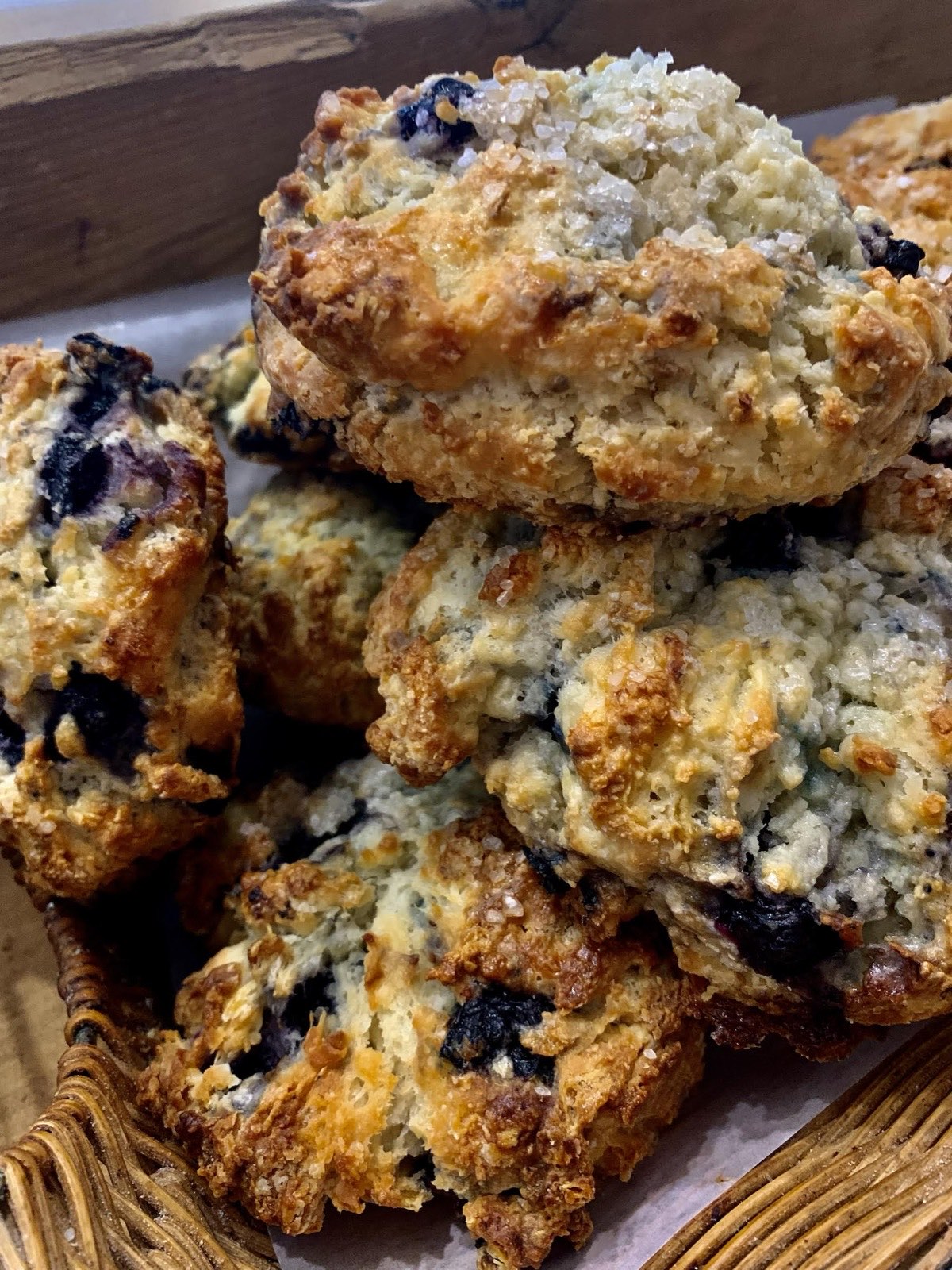 A basket of fresh-baked blueberry scones